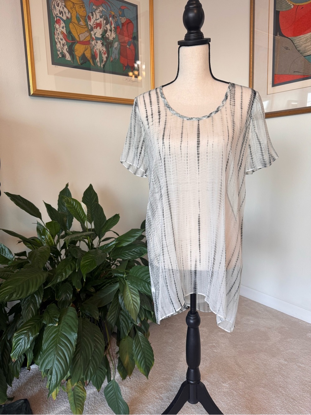 Eileen Fisher White Silk Sheer Stripe Short-Sleeve Tunic